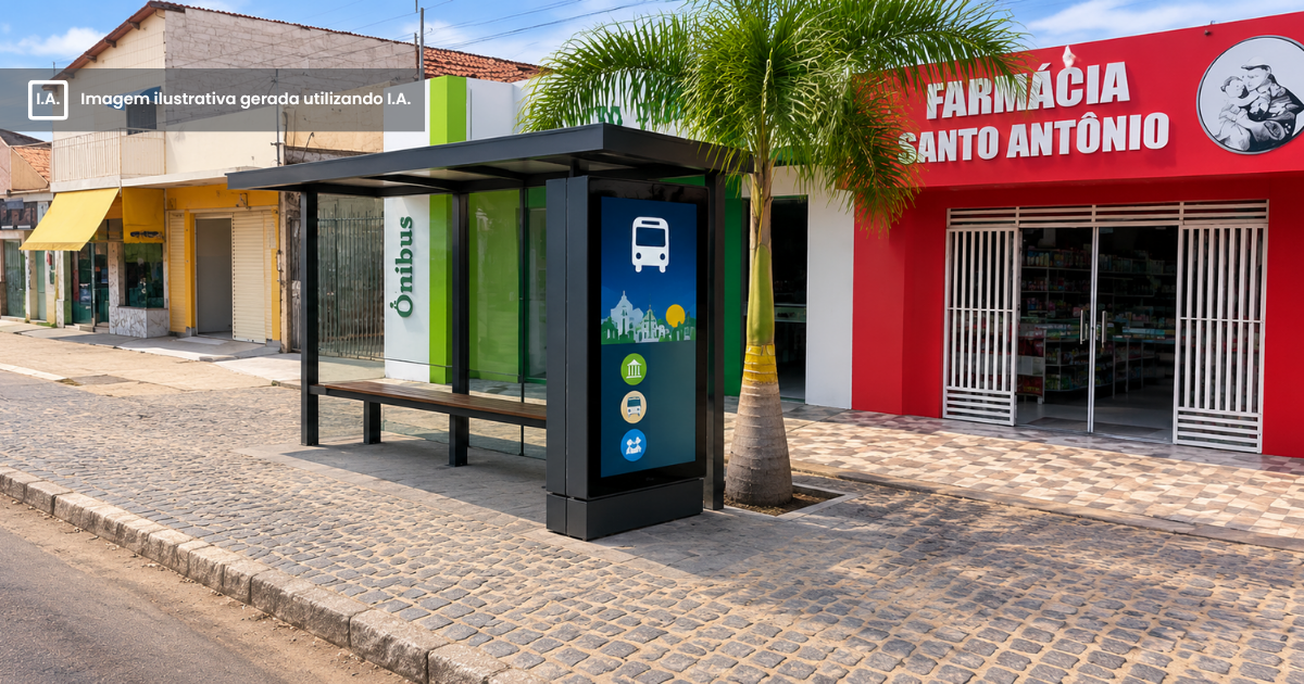 Imagem ilustrativa gerada com Inteligência Artificial representando uma Parada de Ônibus em Marizópolis com Painel Digital.