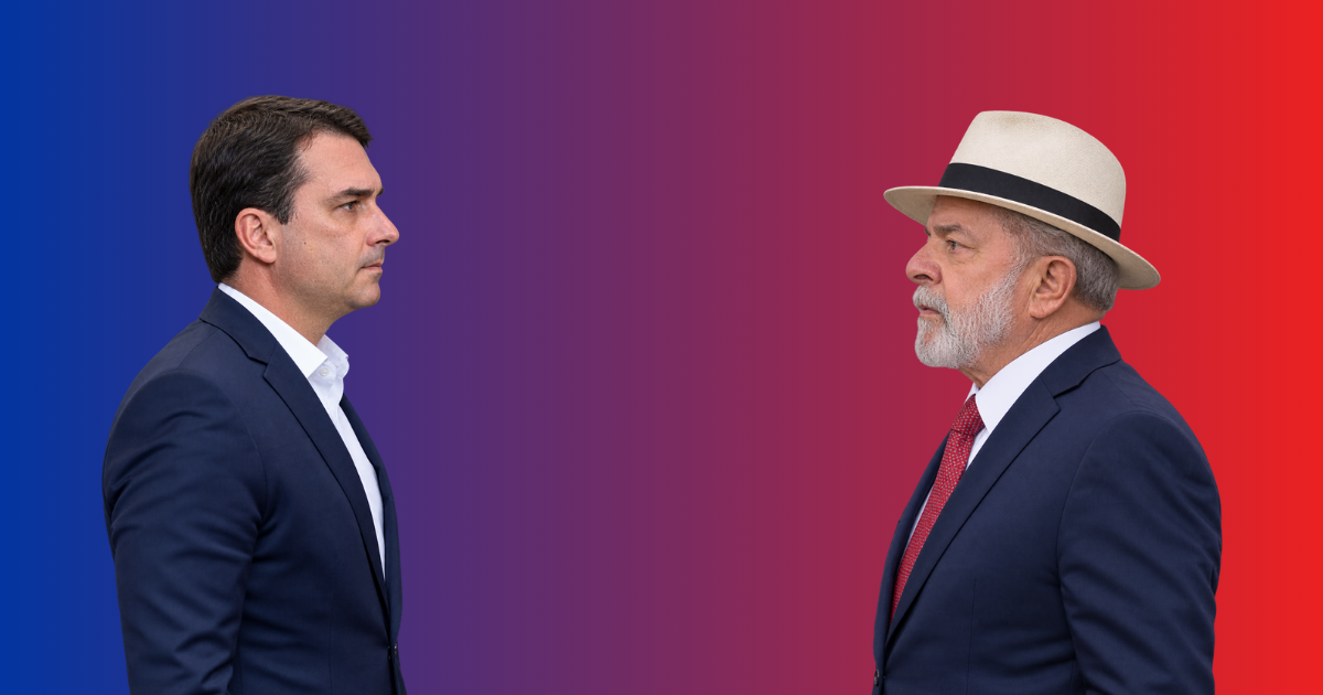 Imagens de Flávio e Lula geradas por I.A. mostrando-os confronto, cara-a-cara